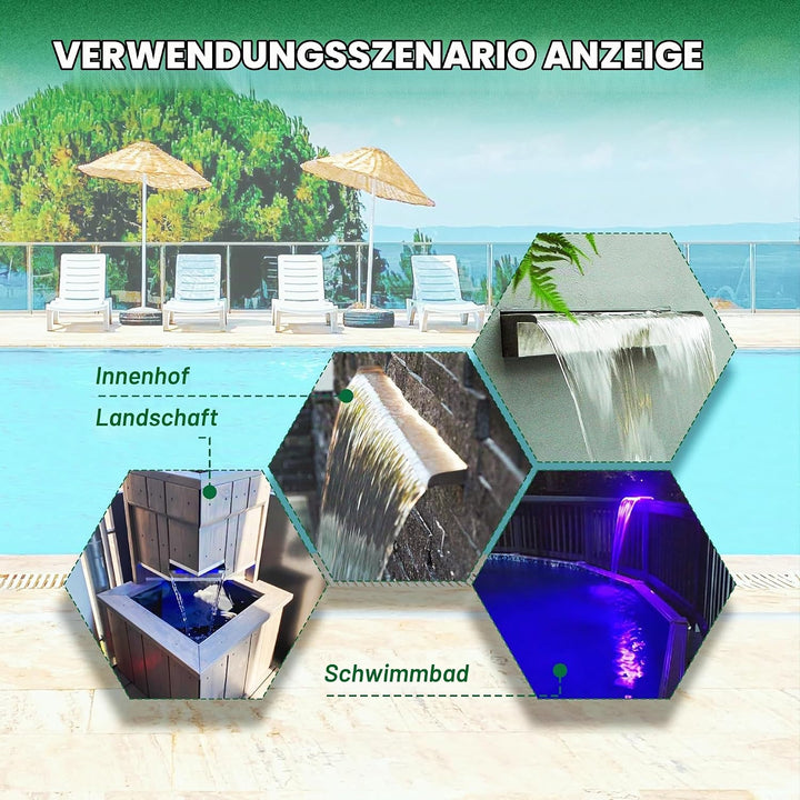 Longrun 30cm Teich Wasserfall Klingen Set, 304 Edelstahl Wasserfall mit 7 Farben LED und Fernbedienu
