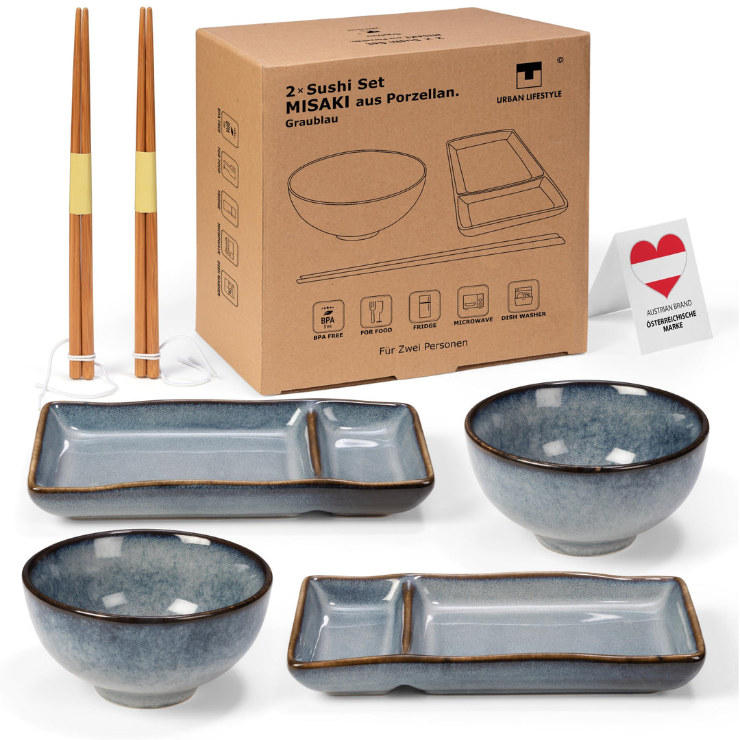 Sushi Geschirr set "Misaki" Graublau für 2 Person, Sushi Set Japanischer Geschirr für Miso Suppe Mak