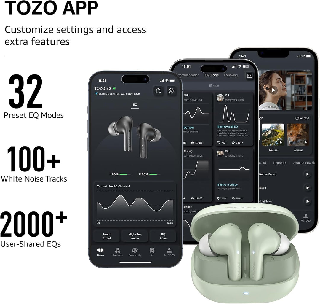TOZO E2 Kabellose Bluetooth In Ear Kopfhörer mit APP Steuerung, 30 Std Akkulaufzeit, Tiefer Bass, 2