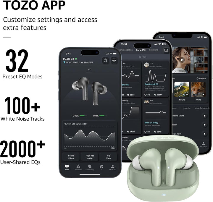 TOZO E2 Kabellose Bluetooth In Ear Kopfhörer mit APP Steuerung, 30 Std Akkulaufzeit, Tiefer Bass, 2