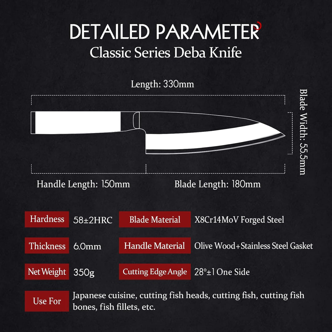 HEZHEN 18CM Deba Messer,Messer Asiatischer Art, Japanischer Stil Schmiedestahl Fische Lachs Filetier