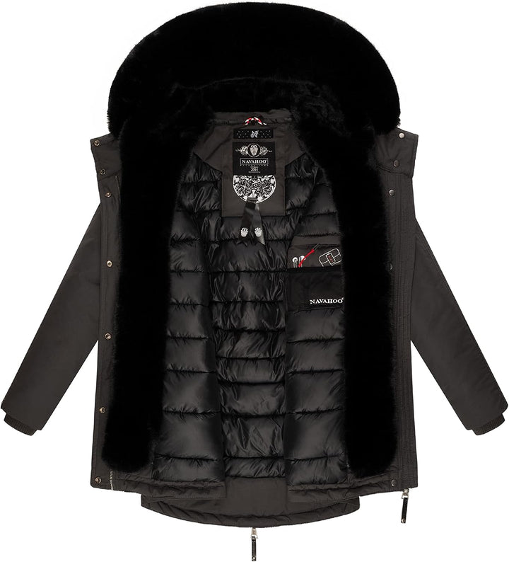 Navahoo Damen warmer Winterparka mit doppelter Kunstpelz-Kapuze Sweety Deluxe XS-XXL L Anthracite, L