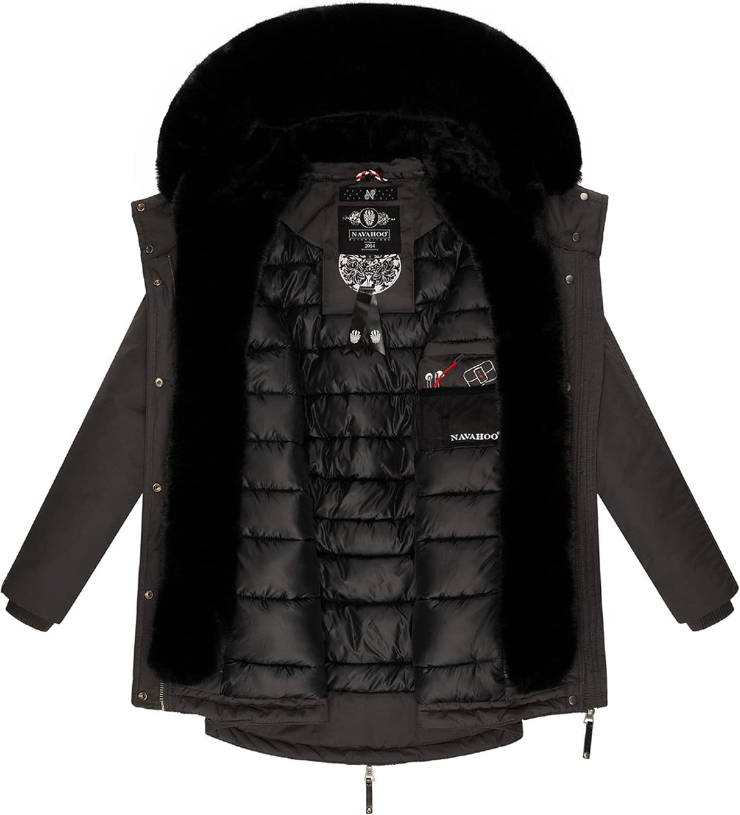 Navahoo Damen warmer Winterparka mit doppelter Kunstpelz-Kapuze Sweety Deluxe XS-XXL XS Anthracite,