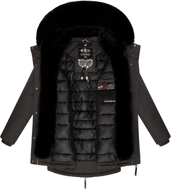 Navahoo Damen warmer Winterparka mit doppelter Kunstpelz-Kapuze Sweety Deluxe XS-XXL XS Anthracite,