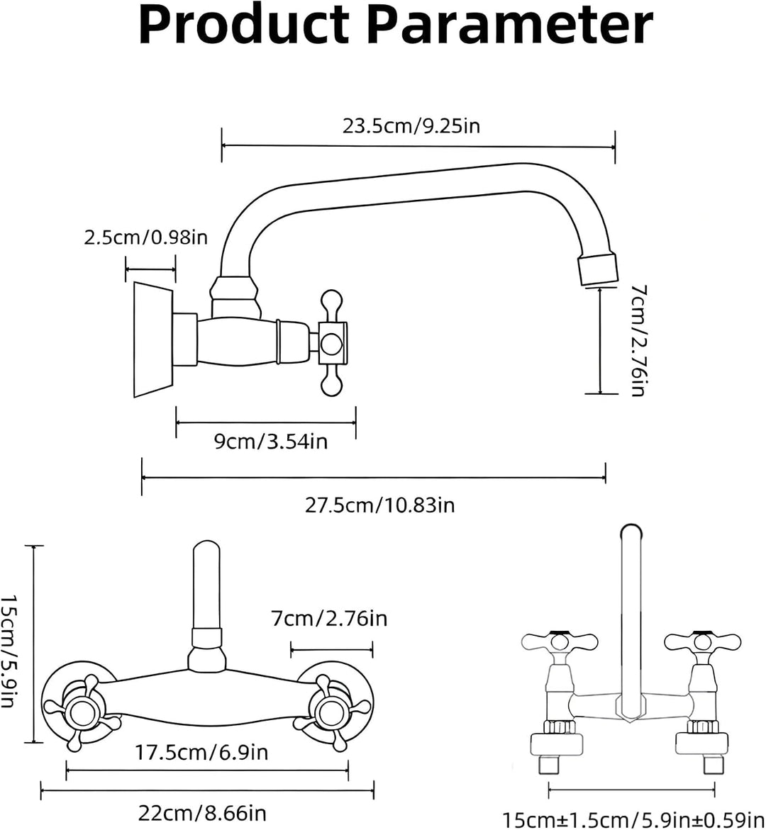 Küchenarmatur Wandmontage Messing Antik, Vintage Doppelgriff Wasserhahn Küche Wandbehang Bronze, 360