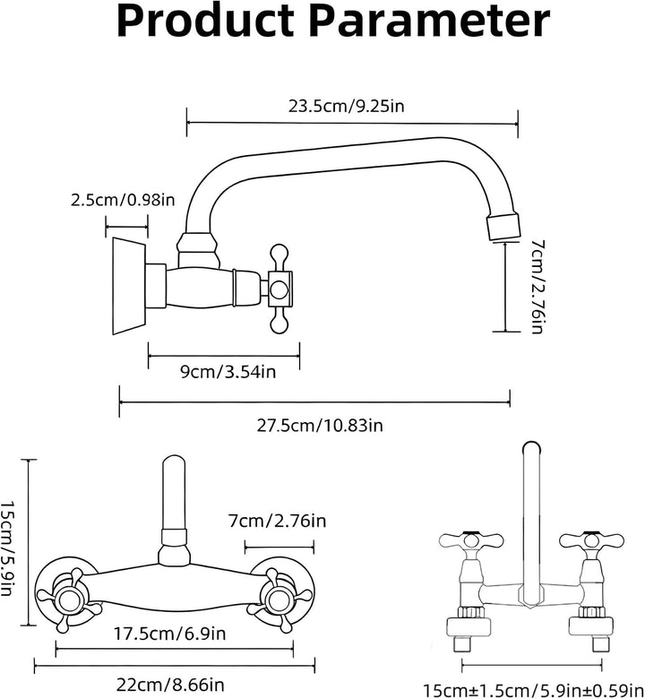 Küchenarmatur Wandmontage Messing Antik, Vintage Doppelgriff Wasserhahn Küche Wandbehang Bronze, 360