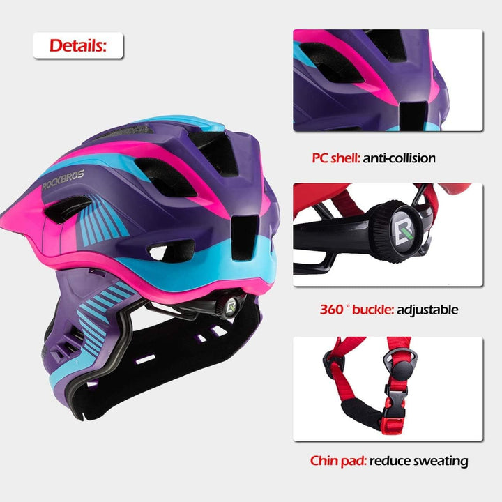 ROCKBROS Kinderhelm Integriert Fahrradhelm Kinder Jugend Fullface Helm mit Abnehmbarem Kinnschutz BM