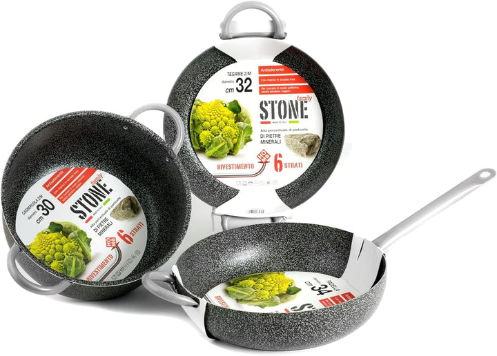 Home Family Stone Bratpfanne Antihaft mit 2 Griffen, Stein, Schwarz/Grau, 40 cm