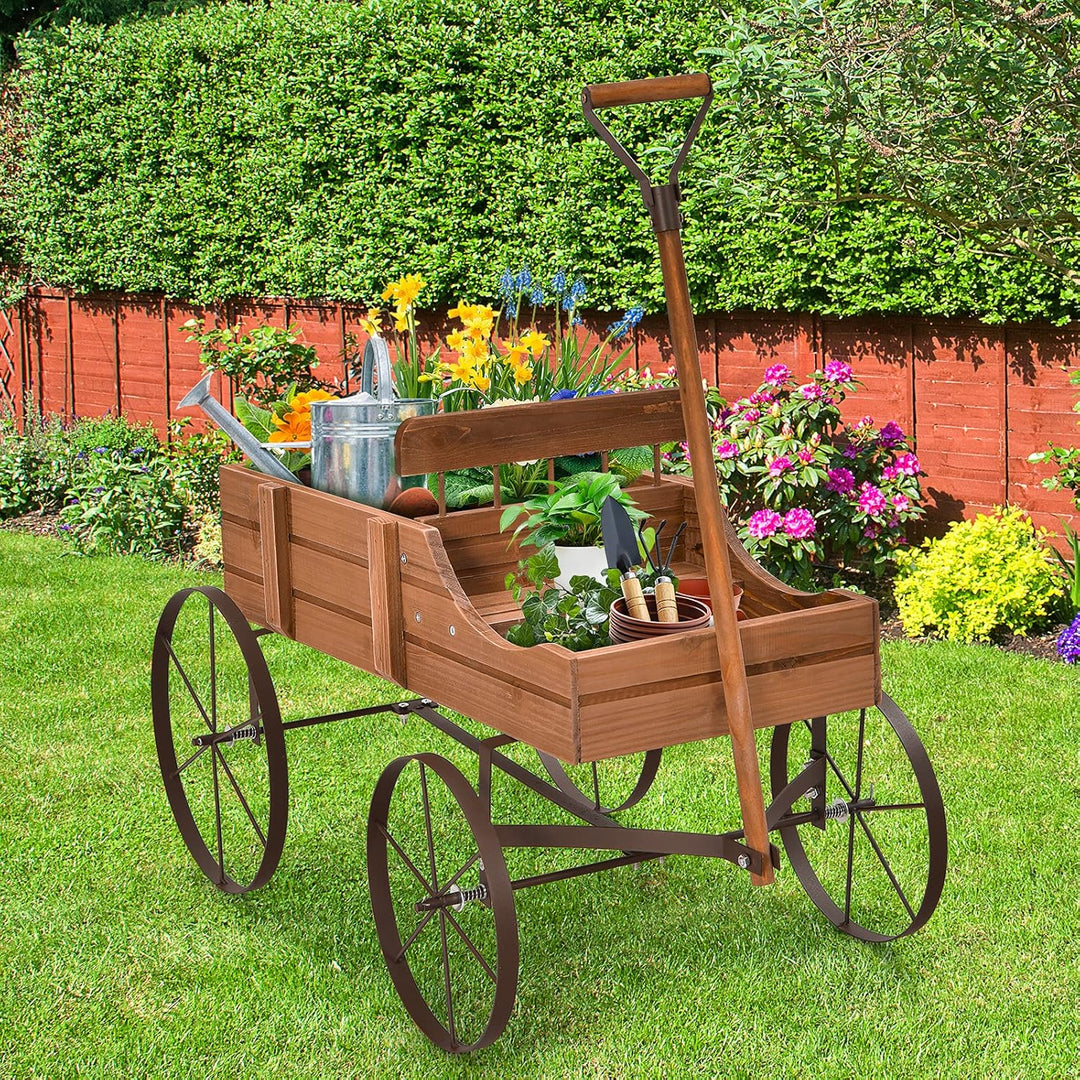 RELAX4LIFE Blumenständer mit 4 Rädern aus Metall, Pflanzwagen aus Massivholz, Holzwagen bis zu 15 kg