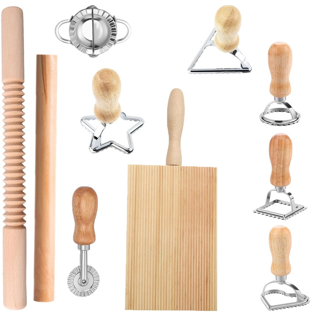 10 Stück Nudelherstellungs Set, Mit Ravioli-Stempel & Gnocchi-Brett | Inkl. Nudelholz, Teigschneider
