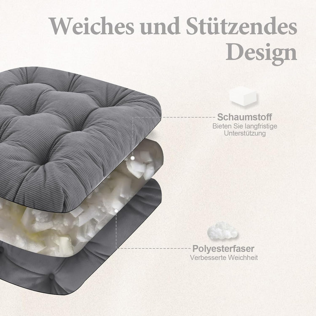 2er Set Stuhlkissen, 40x40x7 cm, Hellgrau – Bequeme Sitzkissen aus Cordstoff und Kristallsamt mit Bi