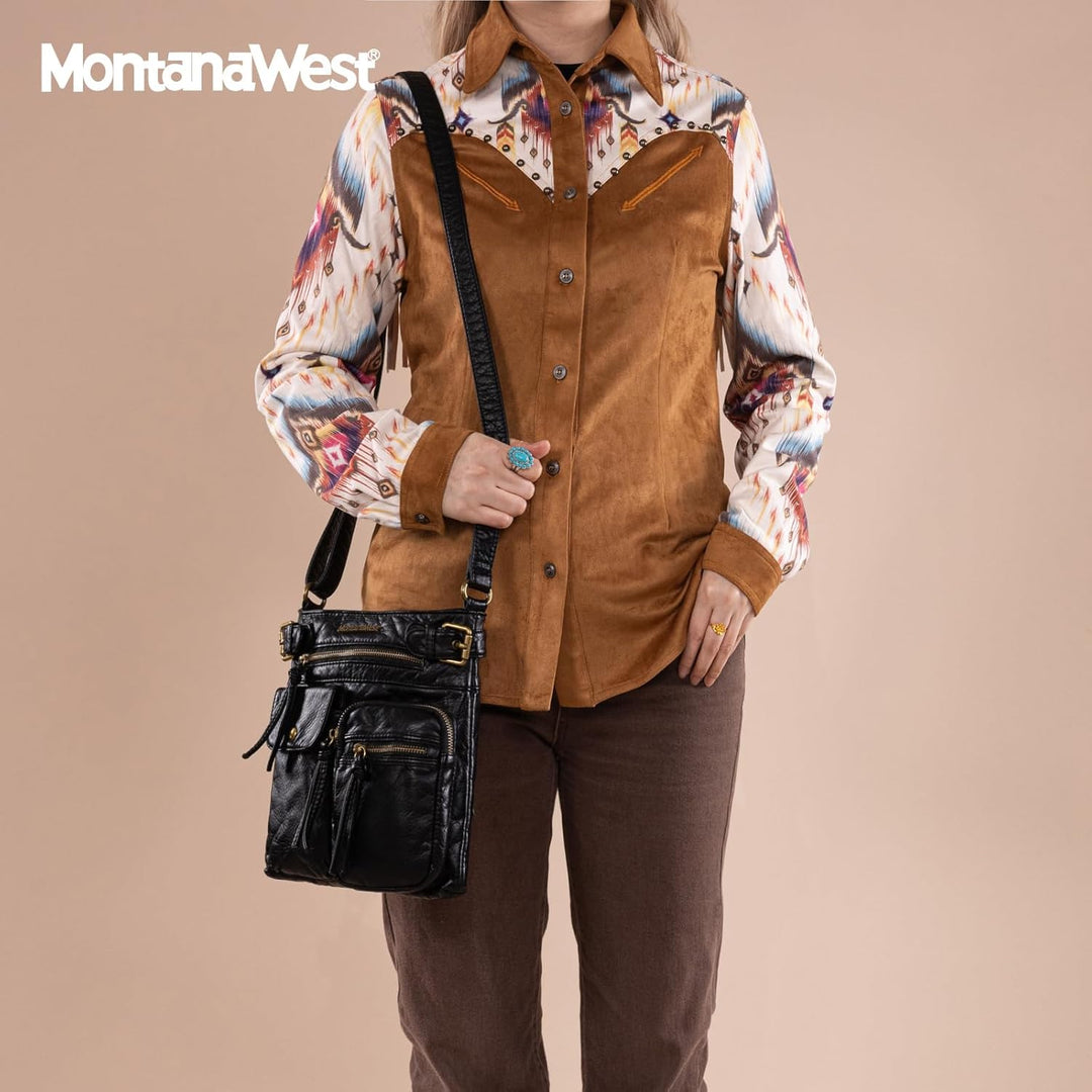 Montana West Damen Echtes Leder Handtaschen 046schwarz, 046 Schwarz