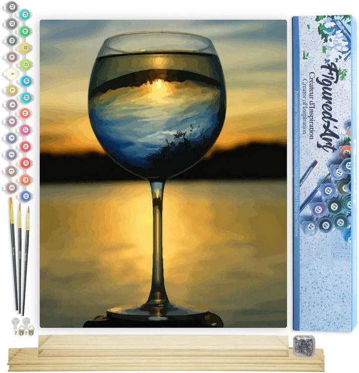 Figured'Art Malen Nach Zahlen Erwachsene Mit Rahmen Glas Wein und mit Aussicht auf den Horizont - Pa