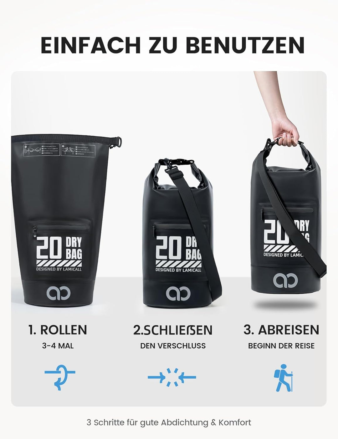 Lamicall Dry Bag, wasserdichte Tasche Beutel, Wasserfester Rucksack Drybag | [Robust &amp; Kratzfest] 5L