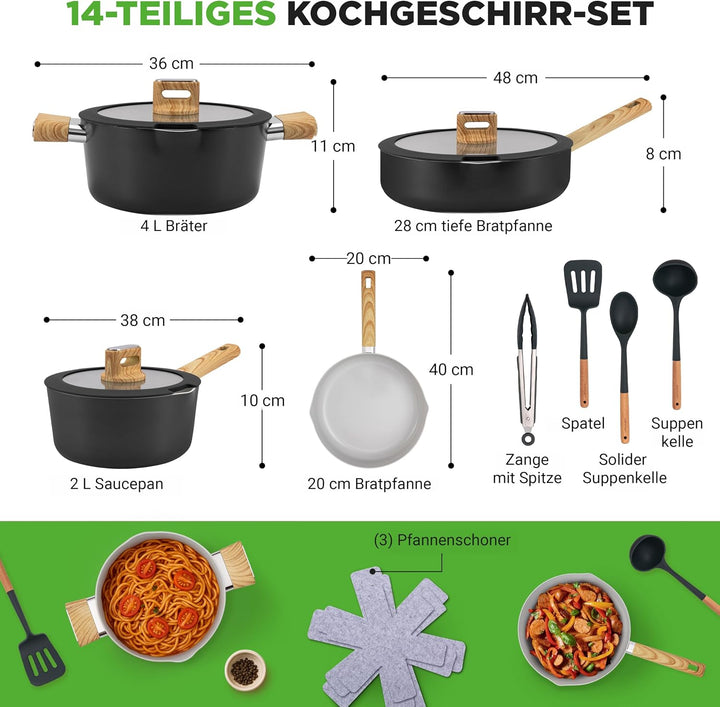 NutriChef Keramik Topfset und Pfannenset – 14-teilig für Induktion mit Antihaftbeschichtung, inklusi