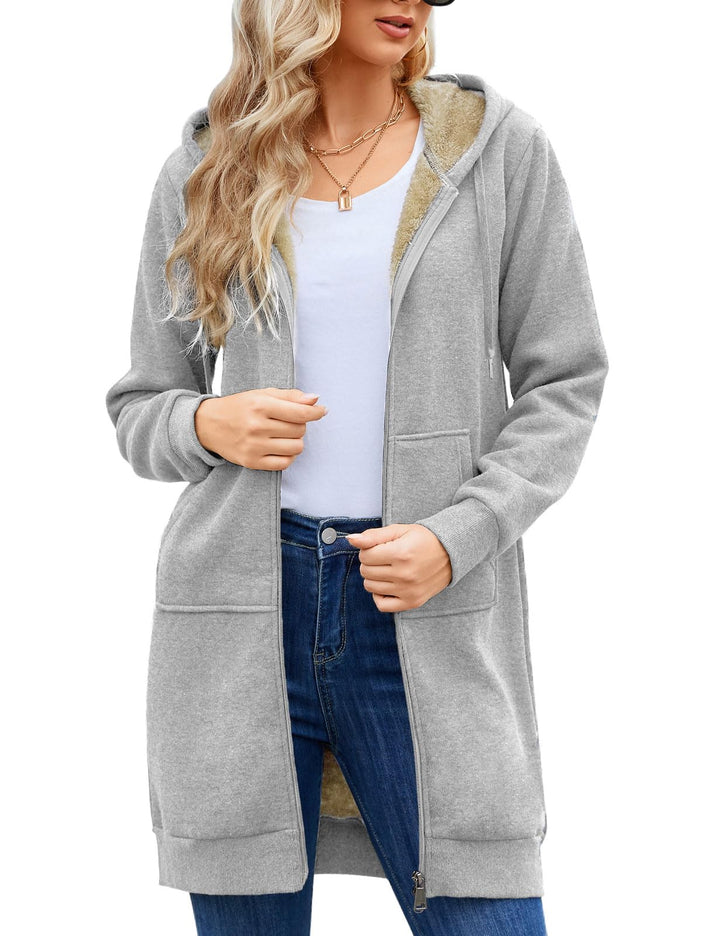 Nadeer Damen Mantel Plüschjacke mit Kapuze Lang Gefüttert Hoodies Plüsch Reissverschluss Mittellang