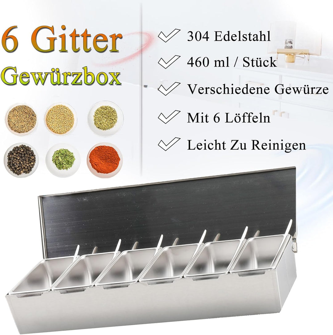 6 Gitter Gewürzbox Küche Gewürzdosen Beilagenbehälter Verdickung Edelstahl Zutatenbehälter Gewürz Be