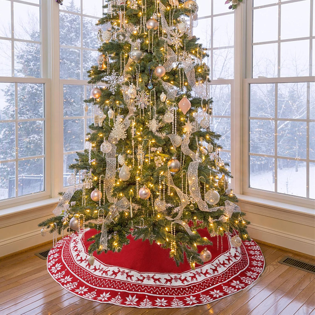 Weldomcor Weihnachtsbaum Rock 90cm Gestrickte Weihnachtsbaumdecke Pad Runde Elch Schneeflocken Gross