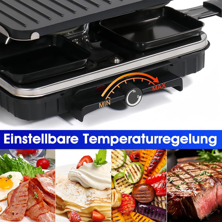 2-in-1 Raclette Grill, Raclette 8 Personen, 1300W Elektrogrill mit 1 Umkehrbarer Antihaft Grillplatt