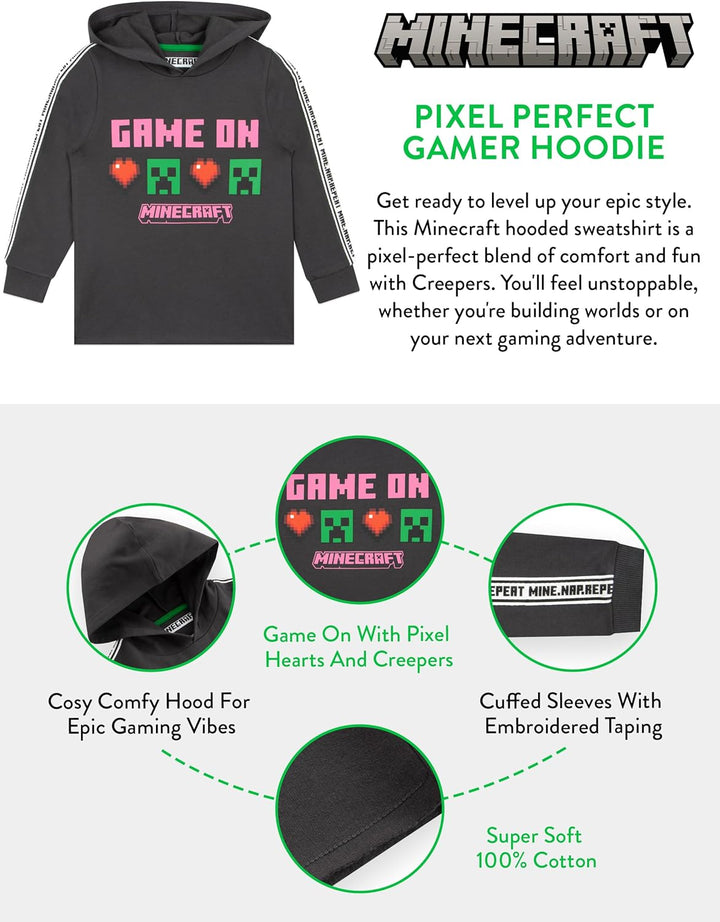 Minecraft Pullover Mädchen | Creeper Kinder Pullover | Kapuzenpullover Für Mädchen 146 Grau, 146 Gra