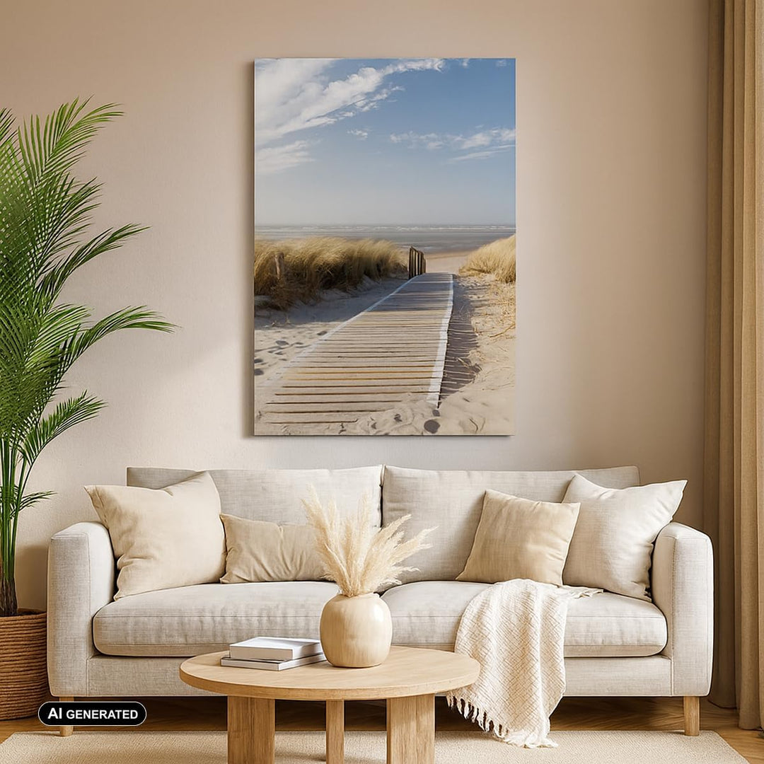 Bilder auf Leinwand Strand Meer Fussgängerbrücke Ufer Leinwandbild mit Rahmen 45x80cm Wandbilder Dek