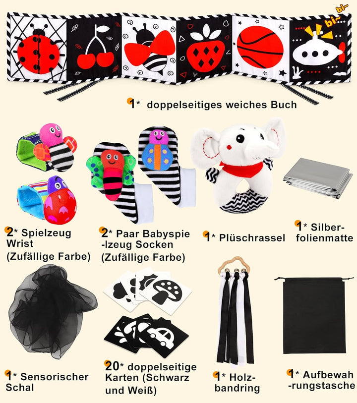 Kontrastbuch Baby, 31 PCS Schwarz Weiss Spielzeug Baby 0 3 6 12 Monate Neugeborenen Spielzeug, Schwa
