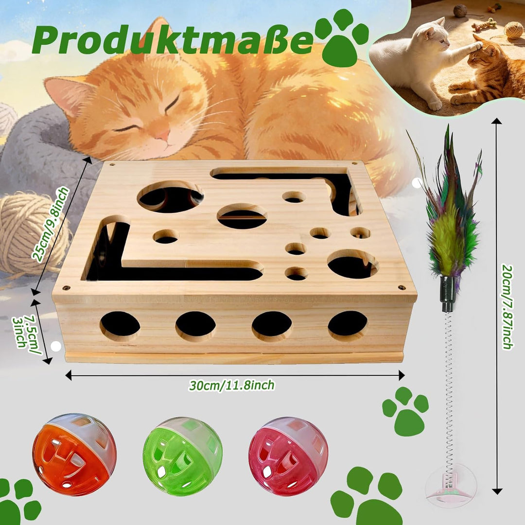 Holz Katzenspielzeug mit Federstab & Glockenbällen, 30 * 25CM Interaktives Kratzpuzzle Spielbox, Kat
