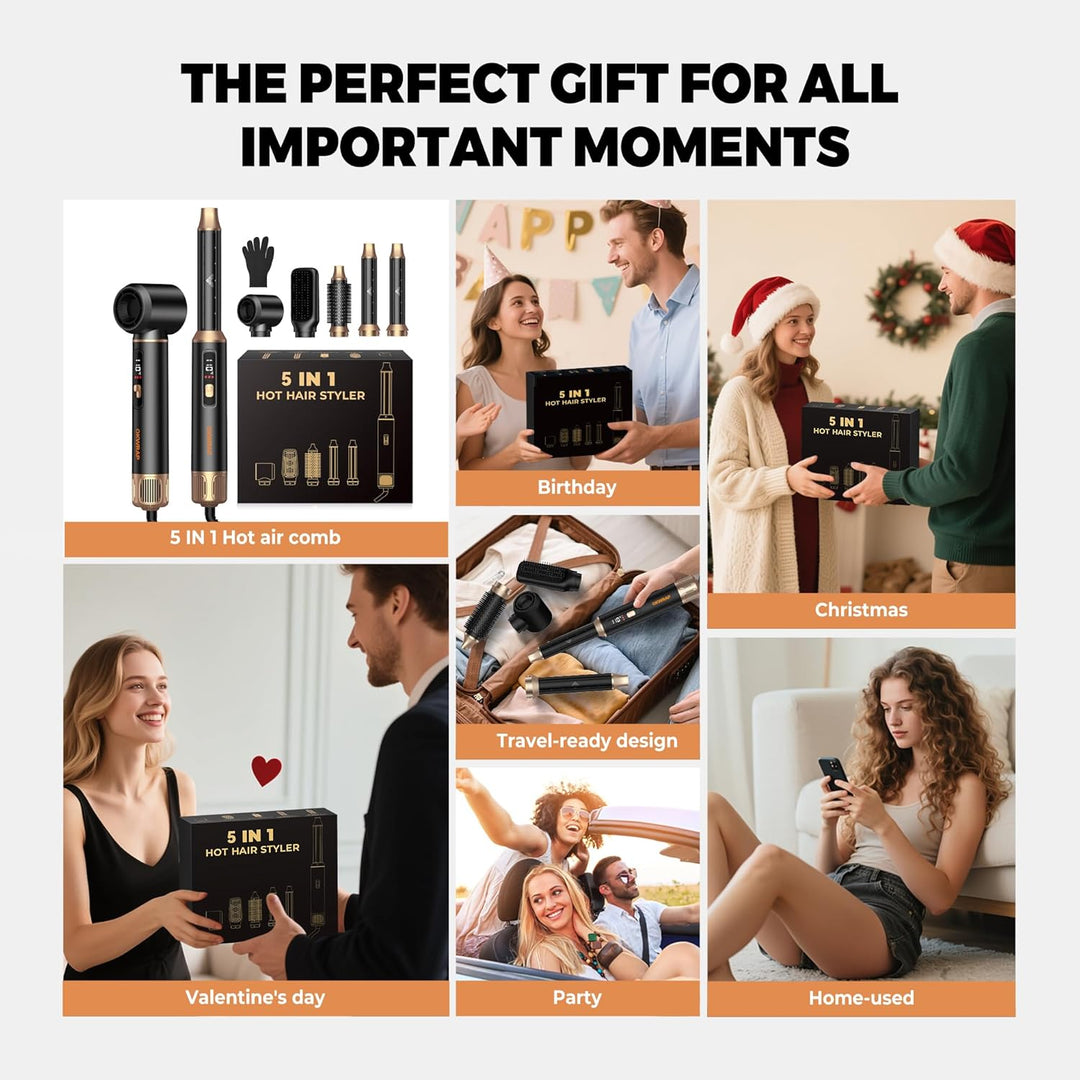 OKWRAP Hair Styler Set Hairstyler 5 in 1, LCD Haarstyler Airbrush Mit Rundbürstenföhn Haarstyler War