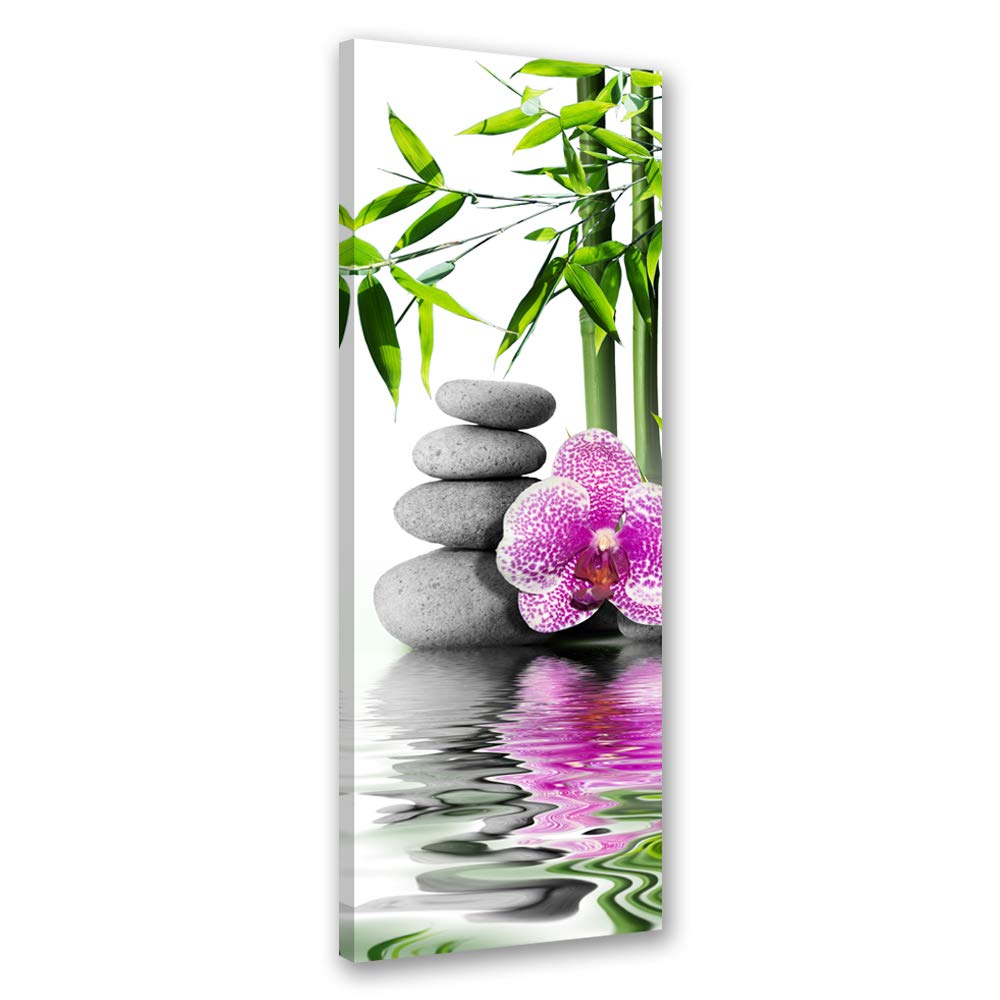 Feeby Leinwandbild - Bilder Wohnzimmer - Zen Steine Blumen Orchideen Bambus - 40x120 1tlg - Deko Sch