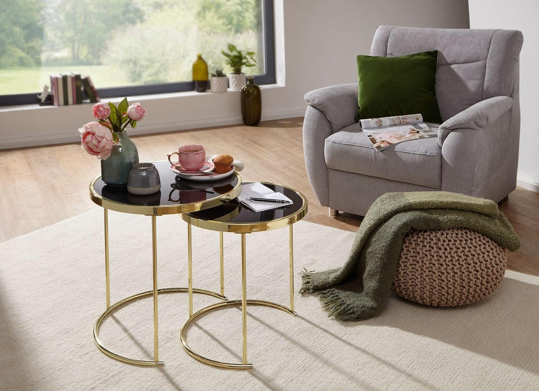 FineBuy Design Satztisch Como schwarz/Gold Beistelltisch Metall/Glas | Couchtisch Set aus 2 Tischen