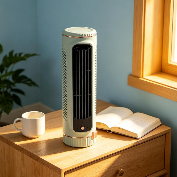 Schreibtisch-Turm-Ventilator, wiederaufladbar, tragbar, blattlos, 3 Geschwindigkeiten, kühlt wie Kli