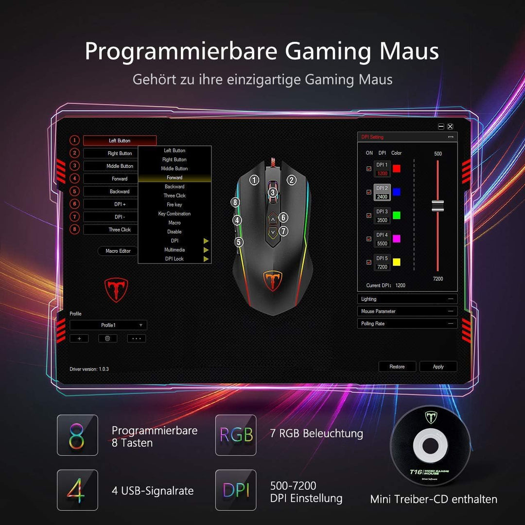 RGB Gaming Maus,Vollion Gamer Maus mit 8 Programmierbare Tasten 7200DPI/RGB-Beleuchtung/Anpassbare S