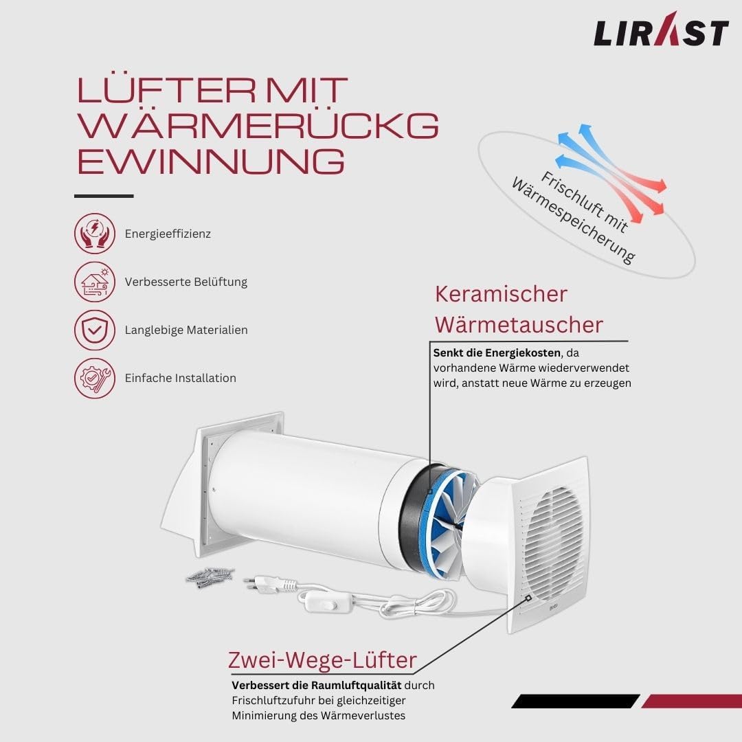 Ø 150mm Dezentrale Wohnraumlüftung mit Wärmerückgewinnung - Mit Kabel und Zugschnur Ø 150mm Weiss, Ø