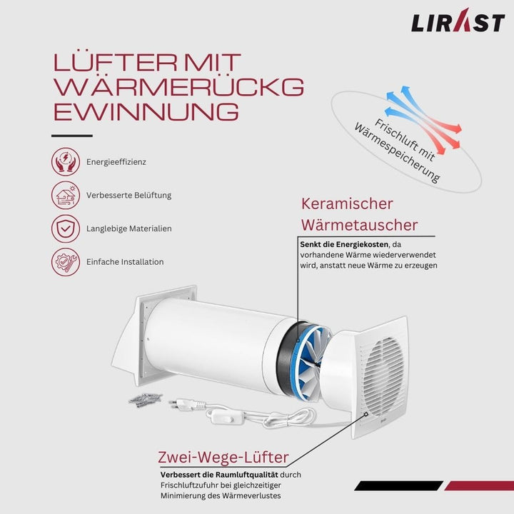 Ø 150mm Dezentrale Wohnraumlüftung mit Wärmerückgewinnung - Mit Kabel und Zugschnur Ø 150mm Weiss, Ø