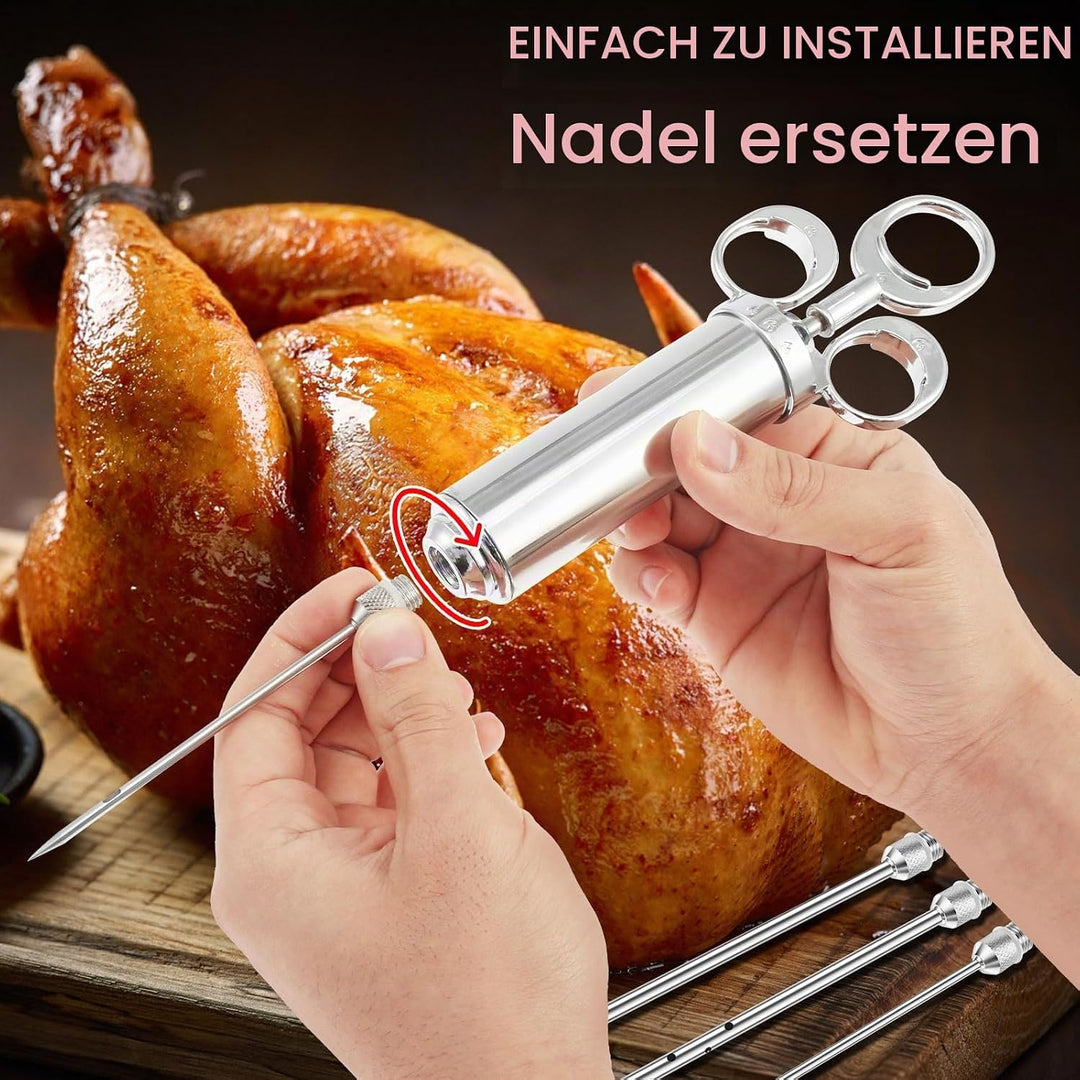 Edelstahl Fleischspritze, Marinadenspritze Kit mit 3 Marinierspritze Nadeln und 2 Reinigungsbürste,