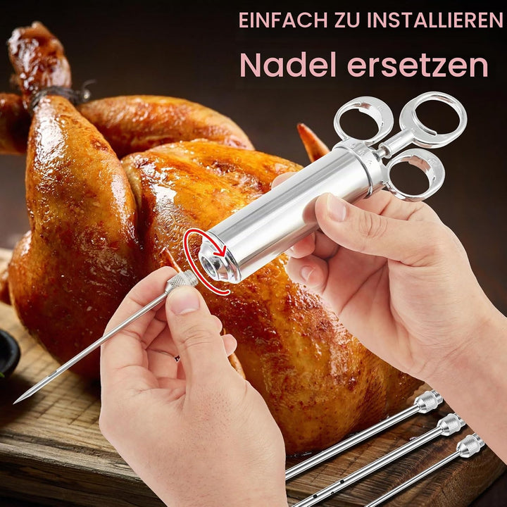 Edelstahl Fleischspritze, Marinadenspritze Kit mit 3 Marinierspritze Nadeln und 2 Reinigungsbürste,