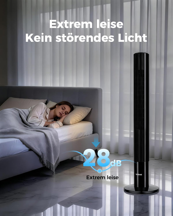 YASHE Turmventilator mit Fernbedienung, leiser Standventilator mit 28 dB, 3 Geschwindigkeiten, 2 Mod
