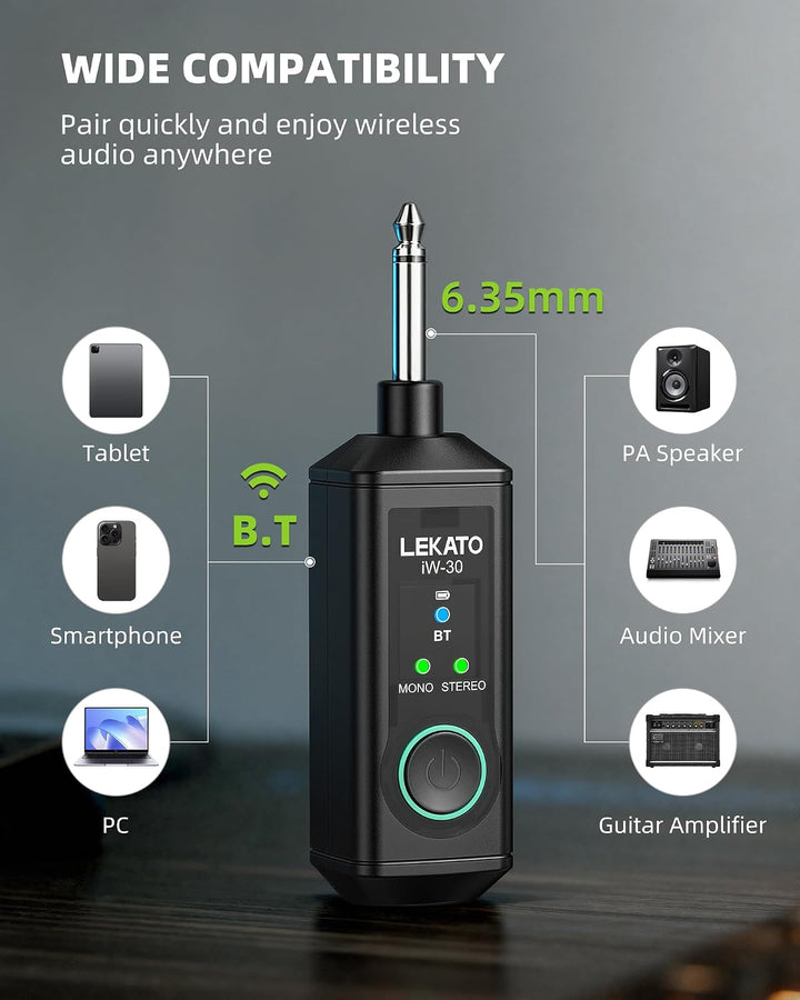 LEKATO iW-30 Bluetooth-Empfänger mit 6,35 mm Klinkenstecker, Mono/Stereo Wireless Audio Receiver, 15
