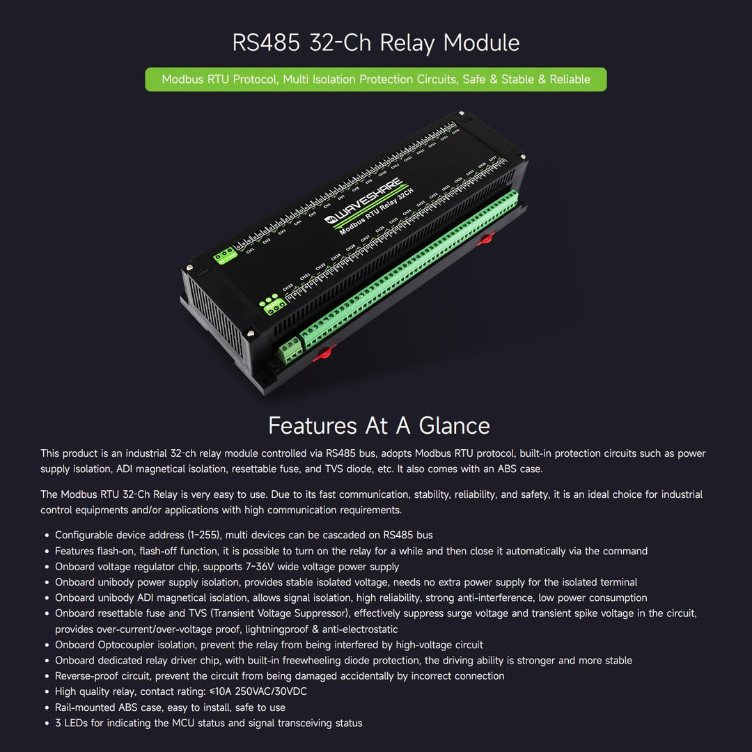 Waveshare Modbus RTU 32-Ch Relay Module, RS485 Interface, with Multiple Isolation Protection Circuit