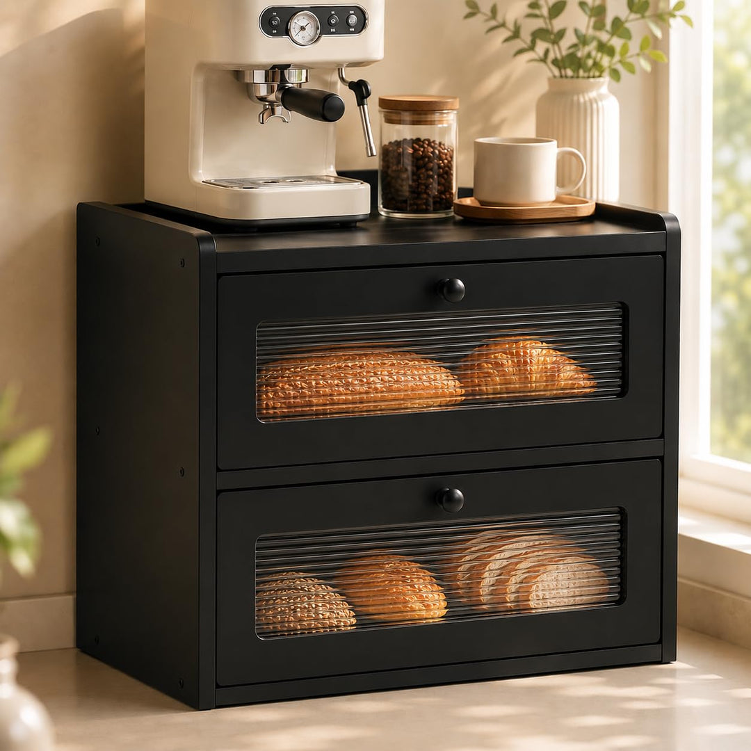 Brotkasten Schwarz 2 Etagen Grosse Brotbox aus Premium Holzwerkstoff (Antimuffa) Moderne Brotaufbewa