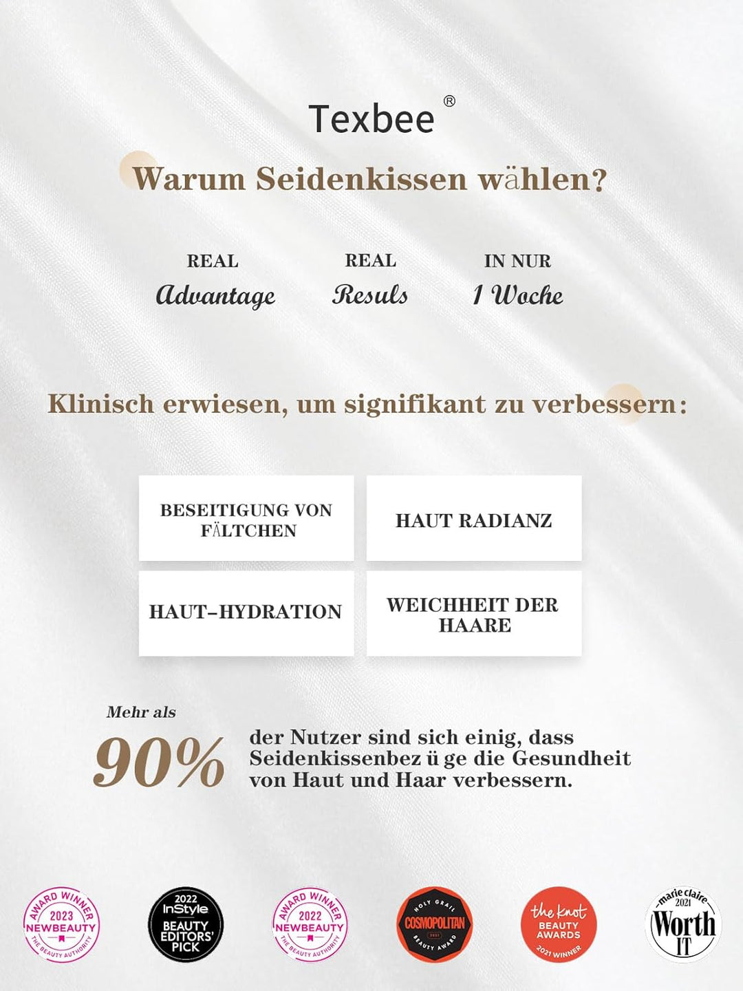 Texbee Seide Kissenbezug 40x60cm für Haar und Haut versteckter Reissverschluss, 1PC Kissenbezug Seid