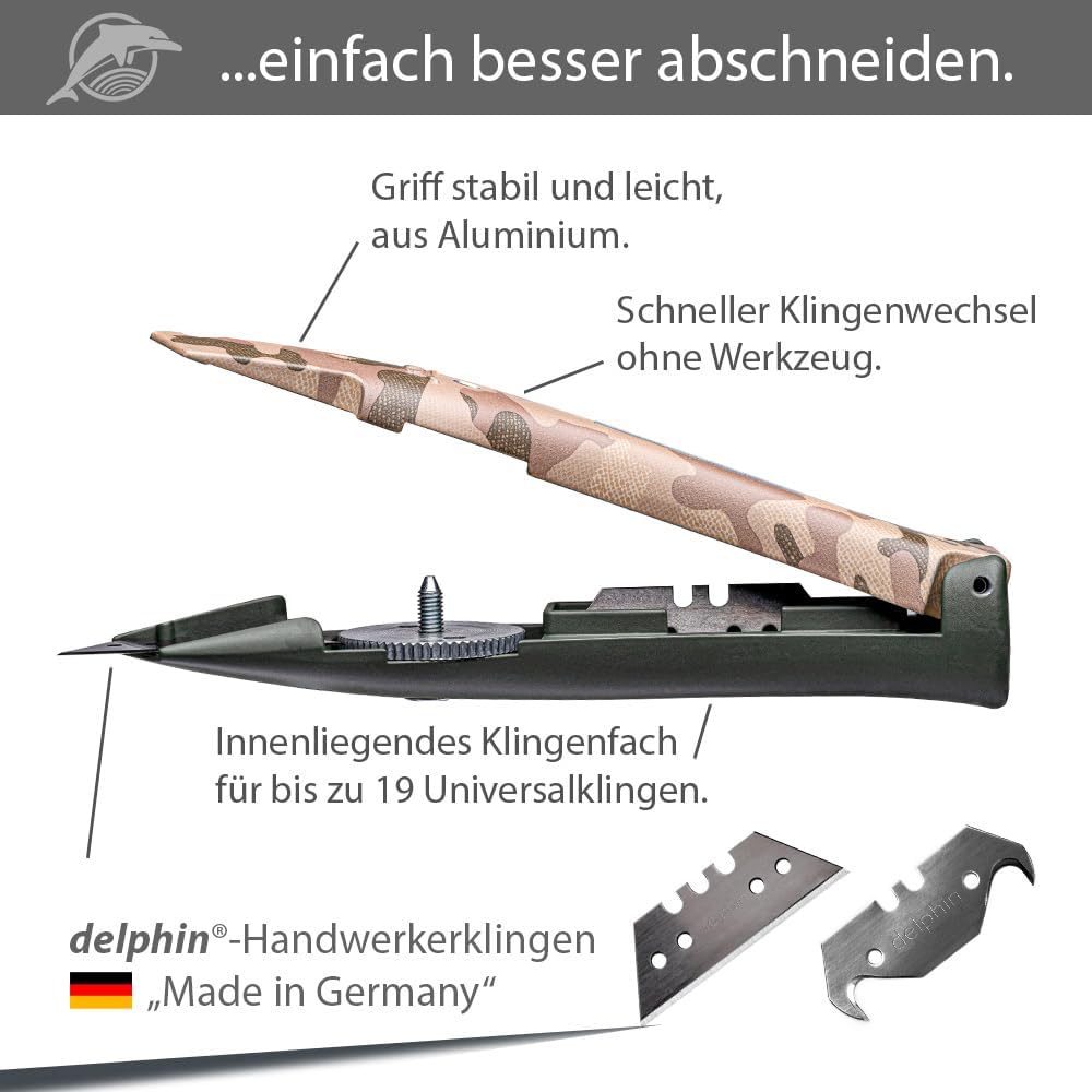 Delphin®-03 Teppichmesser, Design Edition, Feststehende Klinge, Profi Cuttermesser, Alu, Klingen und