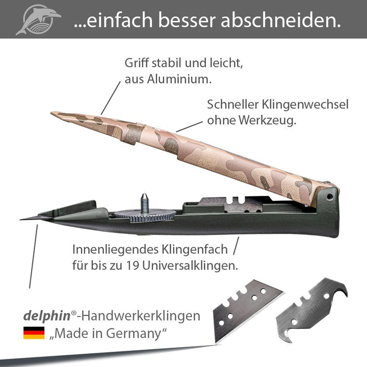 Delphin®-03 Teppichmesser, Design Edition, Feststehende Klinge, Profi Cuttermesser, Alu, Klingen und