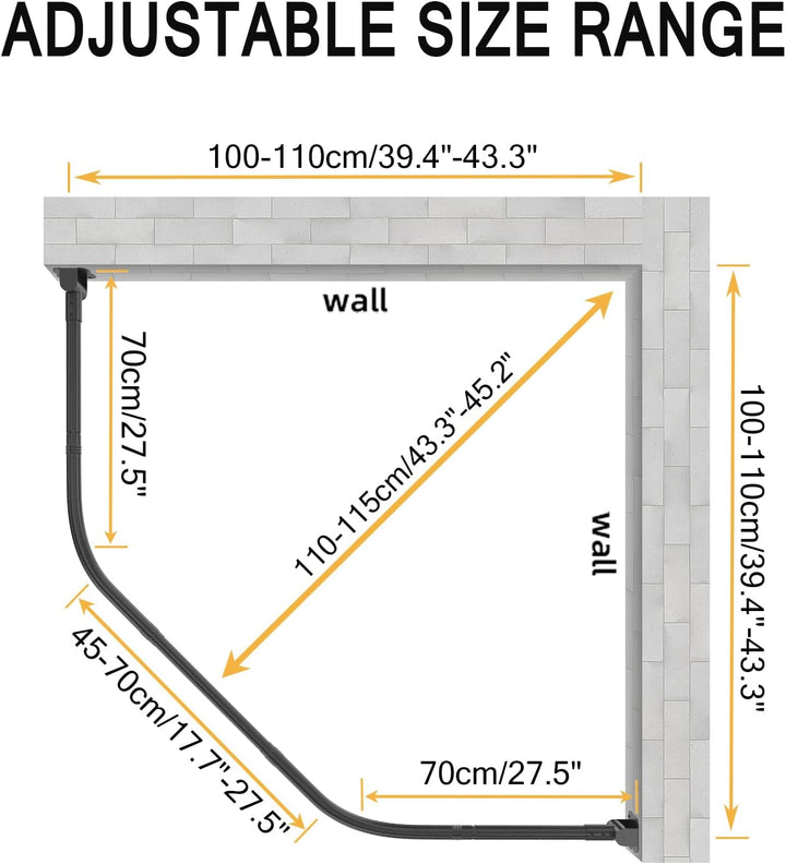 Misounda Duschvorhangstange Schwarz, Edelstahl Duschstange für Duschvorhang 70x(45-70)x70 cm mit 24