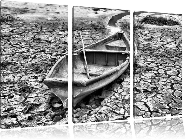 Pixxprint Monocrome, Boot in der Dürre 3-Teiler Leinwandbild 120x80 Bild auf Leinwand