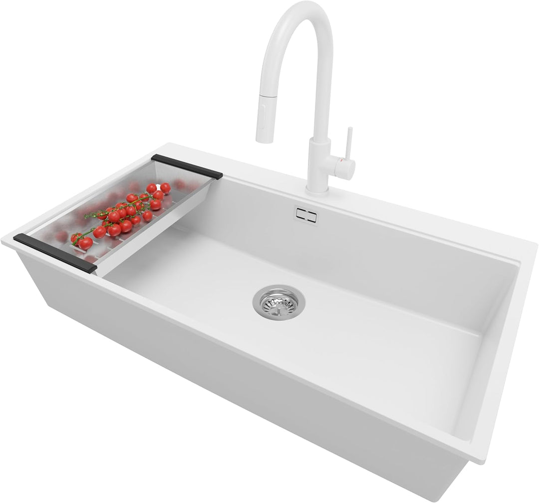 PRIMAGRAN Granitspüle Weiss 88x50cm, Spülbecken 1 Becken + Ablauf-Set + Küchenarmatur 40x22cm, Küche