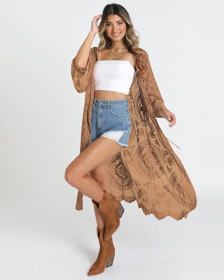 Bsubseach Badeanzug Cover Up für Frauen Lace Sheer Floral Kimono Cardigans Mesh Long Strand Dress E-
