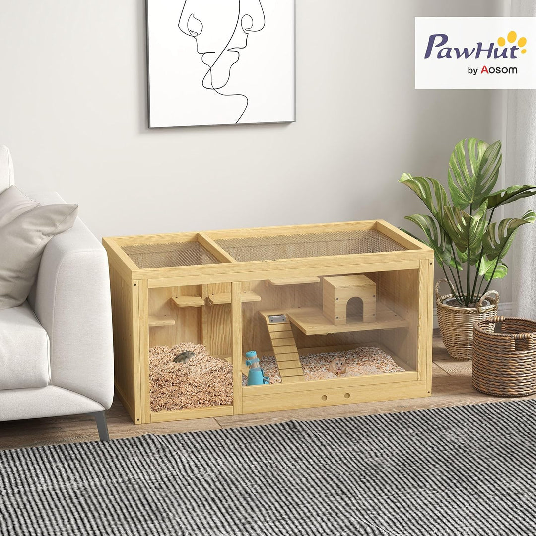 PawHut Hamsterkäfig aus Holz, 100 cm Kleintierstall, Kleintierkäfig Spielhaus für Gerbils Nagerkäfig