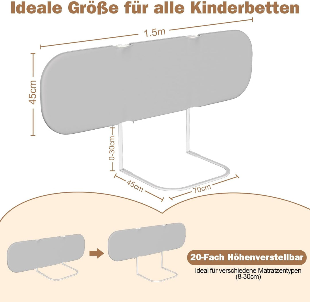 Bettgitter Rausfallschutz Bettschutzgitter 150cm, Höhenverstellbar, Kinderbettgitter Tragbar bettgit