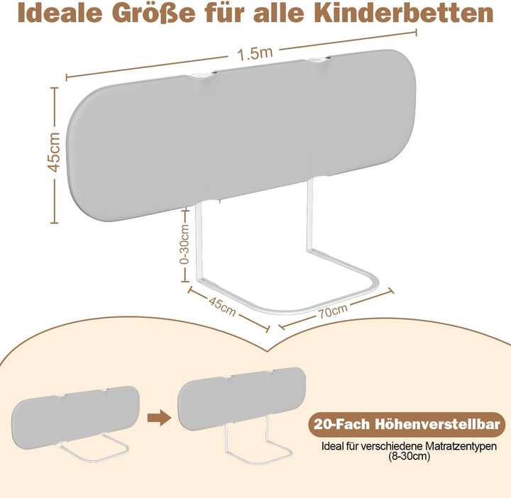 Bettgitter Rausfallschutz Bettschutzgitter 150cm, Höhenverstellbar, Kinderbettgitter Tragbar bettgit
